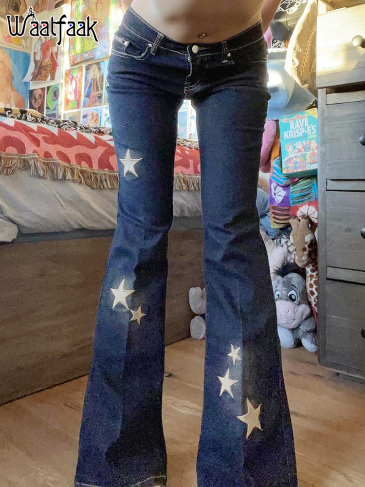 Waatfaak Star Printed Streetwear Y2K Jeans Vintage Low Waist Pockets Blue Denim Skinny Flare Jeans Women Low Rise Grunge Retro