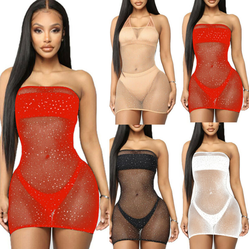 Crystal Rhinestone Diamond Mesh Bikini Cover Up Women Sequin Fishnet Bling Strapless Dresses Female Swimsuit Ladies Bathing Suit
