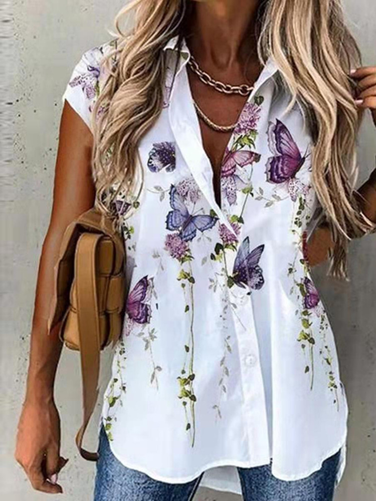  Summer Women Shirts Elegant Turn-down Collar Button Short Sleeve Casual Office Blouses Tops