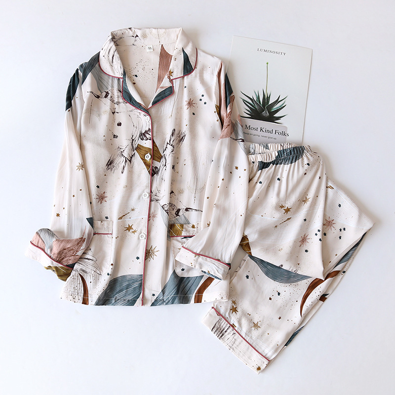 Spring / Summer  viscose long-sleeved trousers ladies pajamas suit 3XL plus size long Sleepwear women's home Nightwear