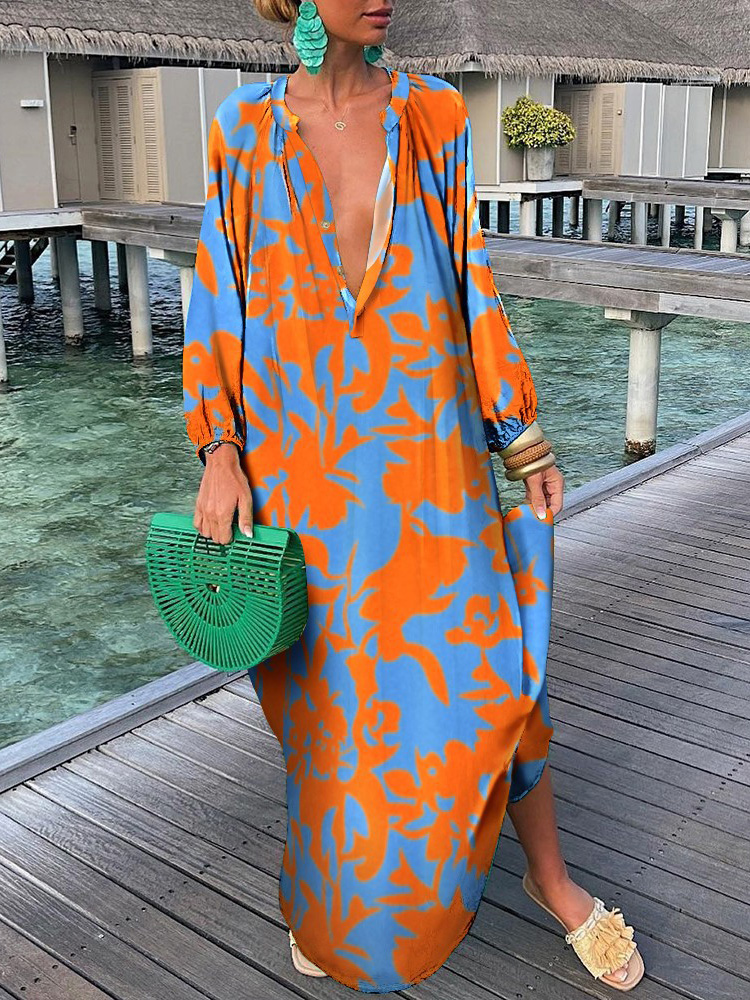 Women Elegant V Neck Loose Party Dress Lady Retro Printing Long Sleeve Holiday Dress  Autumn Casual Femme Dress Streetwear
