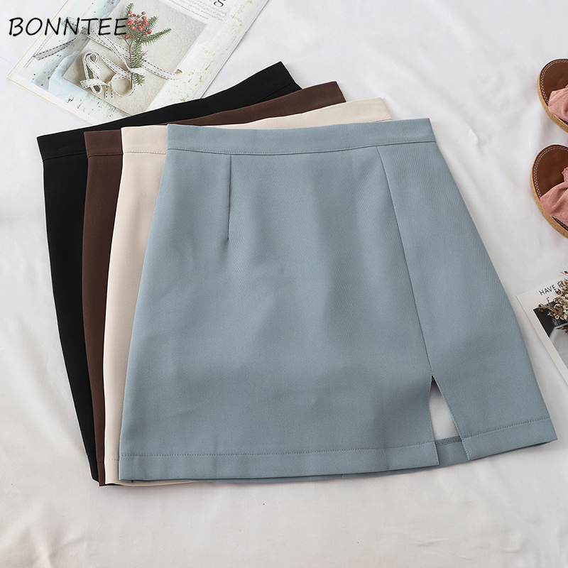 Skirts Women Solid High Waist Wrap Hip Basic Side Slit Work Wear A-line Elegant Mini Skirt Slim All-match Chic Trendy Simple 