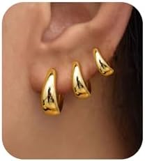 PANSHI 14K Gold Plated Chunky Hoop Earrings | Sterling Silver Post Small Huggie Earrings for Women