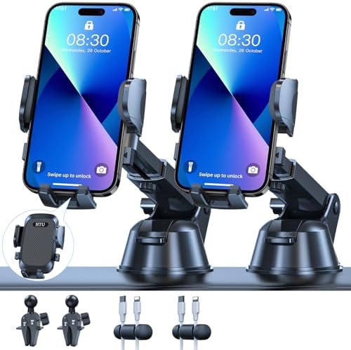 [True Military-Grade] Car Phone Holder【2024 stronger Suction & Clip】Universal Cell Phone Holder for Car Mount for Dashboard Windshield Air Vent Long Arm Cell Phone Car Mount Thick Case Pack of 2,Black